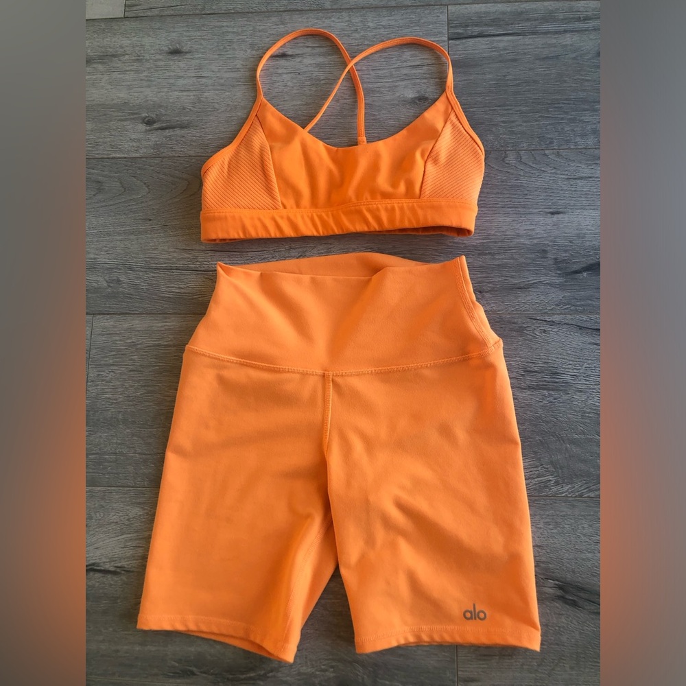 ALO Yoga Bright Orange Short and Bra Set